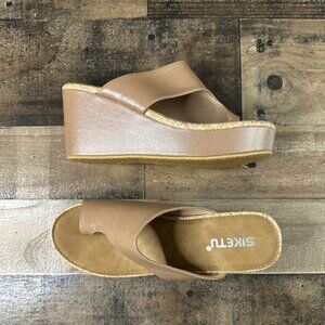 Siketu Womens Tan Faux Leather Cork Wedge Sandals Size 38 With Slip-On Design